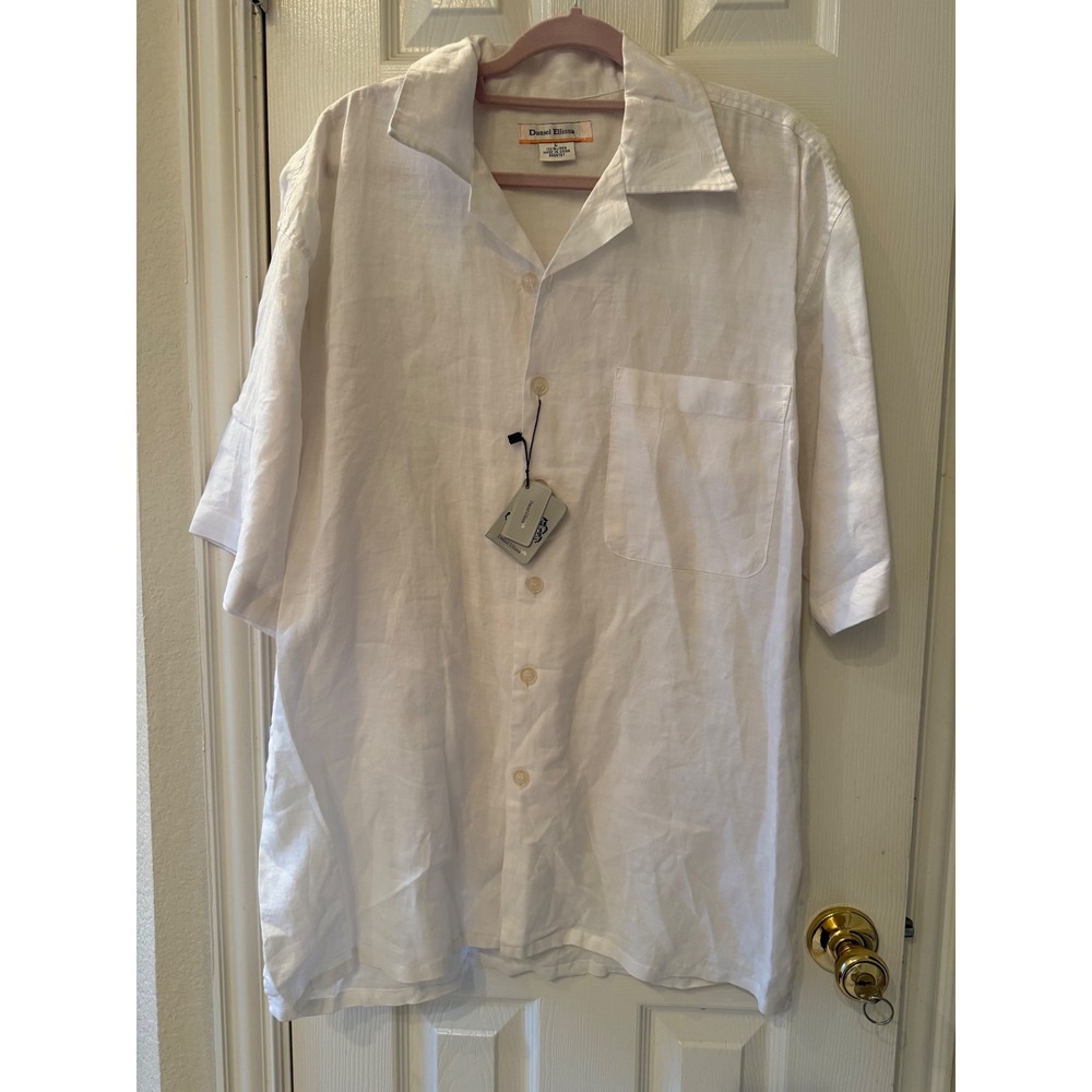 Daniel Ellissa  Mens White Linen‎ Camp Shirt Short Sleeve Button Down Casual